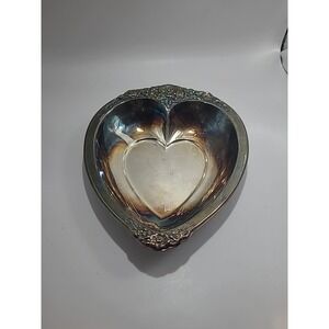 Vintage Heart Shaped Silver‎ Trinket Key Tray Floral Pattern Laurel Mist
